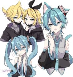 Rule 34 | 1boy, 3girls, :o, animal ears, bangs pinned back, bare shoulders, black hoodie, black sleeves, blonde hair, blue eyes, blue hair, blue nails, blue necktie, cat ears, cat girl, cat tail, collared shirt, cropped torso, crossed arms, detached sleeves, dot nose, drawstring, dual persona, earrings, frilled shirt, frills, grey shirt, hair between eyes, hair ornament, hand up, hatsune miku, head tilt, heart, highres, hood, hood down, hoodie, index finger raised, jewelry, kagamine len, kagamine rin, kemonomimi mode, long sleeves, looking at viewer, mask, medium hair, mouth mask, multiple girls, naguno-0713, nail polish, necktie, number tattoo, open mouth, shirt, short hair, sidelocks, signature, simple background, sleeveless, sleeveless shirt, straight-on, stud earrings, swept bangs, tail, tattoo, tie clip, twintails, vocaloid, white background, wolf cut