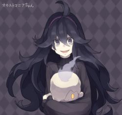 Rule 34 | 1girl, @ @, ahoge, bags under eyes, black hair, candle, carrying, checkered background, chorefuji, creatures (company), fire, game freak, gen 5 pokemon, hairband, hex maniac (pokemon), litwick, long hair, looking at viewer, messy hair, nintendo, npc trainer, open mouth, pokemon, pokemon (creature), pokemon xy, purple eyes, ribbed sweater, sweater, teeth, text focus, translated, turtleneck, upper body