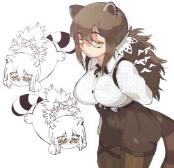 Rule 34 | 1girl, animal ears, arknights, arms behind back, bags under eyes, belt, brown hair, closed mouth, ear piercing, freckles, halftone, high-waist shorts, inkerton-kun, leaning forward, looking at viewer, pantyhose, partially colored, piercing, ponytail, raccoon ears, raccoon tail, robin (arknights), shirt, shirt tucked in, shorts, simple background, tail, white background, white shirt, yellow eyes