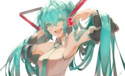 Rule 34 | 1girl, :d, aqua eyes, aqua hair, armpits, bare shoulders, detached sleeves, hand on own ear, hand on own ear, hatsune miku, headset, highres, long hair, looking at viewer, necktie, open mouth, saihate (d3), shirt, sleeveless, sleeveless shirt, smile, solo, twintails, very long hair, vocaloid