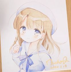 Rule 34 | 1girl, blue bow, blue eyes, blush, bow, braid, closed mouth, commentary request, cropped torso, dated, hair between eyes, hand up, highres, light brown hair, long hair, long sleeves, looking at viewer, original, photo (medium), piyodera mucha, sailor collar, shirt, signature, sleeves past wrists, smile, solo, traditional media, upper body, white headwear, white sailor collar, white shirt