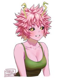 Rule 34 | 1girl, :d, antennae, artist name, ashido mina, black sclera, boku no hero academia, breasts, carlo montie, cleavage, collarbone, colored sclera, colored skin, grin, medium breasts, monster girl, open mouth, pink hair, pink skin, scarf, short hair, simple background, smile, solo, tank top, teeth, upper body, white background, yellow eyes