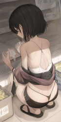 Rule 34 | 1girl, ass, back, banana, bare shoulders, black hair, black panties, black shorts, box, brown eyes, brown jacket, butt crack, cardboard box, cellphone, closed mouth, commentary, commentary request, crop top, cropped jacket, english commentary, feet, female focus, fingernails, flip-flops, food, from behind, fruit, full body, genek, highres, holding, hood, hooded jacket, indoors, jacket, jitome, looking down, mixed-language commentary, off shoulder, original, paid reward available, panties, phone, profile, sandals, shade, shirt, shopping, shopping basket, short hair, short shorts, shorts, sleeves past elbows, smartphone, solo, squatting, string panties, stuffed animal, stuffed cat, stuffed toy, supermarket, thong, toenails, toes, underwear, whale tail (clothing), white shirt