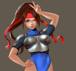 Rule 34 | 1girl, armor, blue leotard, blue shirt, breastplate, breasts, brown eyes, brown hair, cowboy shot, didi esmeralda, final fantasy, final fantasy vii, final fantasy vii remake, grey background, hand on own hip, hand up, headband, jessie rasberry, large breasts, leotard, long hair, looking at viewer, one eye closed, parted bangs, parted lips, ponytail, red headband, red ribbon, ribbon, shirt, short sleeves, shoulder armor, smile, solo, v