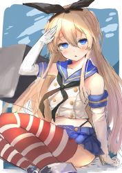 Rule 34 | 1girl, black hairband, black panties, blonde hair, blue eyes, blue sailor collar, blue skirt, commentary request, crop top, dress, elbow gloves, gloves, hairband, highleg, highleg panties, kantai collection, long hair, microskirt, miniskirt, o-sirius, panties, pleated dress, sailor collar, salute, shimakaze (kancolle), sitting, skirt, solo, striped clothes, striped thighhighs, thighhighs, underwear, white gloves