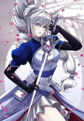 Rule 34 | 1girl, absurdres, belt, black gloves, blue dress, blue eyes, breasts, bunches, corset, cowboy shot, dress, earrings, elbow gloves, gloves, high ponytail, highres, holding, holding sword, holding weapon, jewelry, long dress, long hair, medium breasts, moddedjoker, multiple belts, myrtenaster, pale skin, petals, pink lips, puffy short sleeves, puffy sleeves, rapier, rwby, scar, scar across eye, scar on face, short sleeves, showgirl skirt, shrug (clothing), signature, silver hair, solo, standing, sword, thighs, tiara, weapon, weiss schnee, white belt