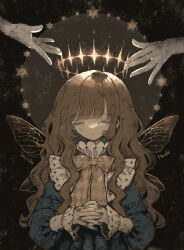 1girl blunt_bangs bow bowtie brown_hair closed_eyes closed_mouth dress eyelashes fingernails glowing halo long_hair long_sleeves mariko_(leda) nail_polish original sidelocks solo star_(symbol) transparent_wings wavy_hair wings