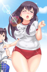 Rule 34 | 2girls, akagi (kancolle), alternate costume, arms up, bicycle, bicycle basket, black hair, blue pants, blue sky, blush, bouncing breasts, breasts, brown eyes, buruma, character name, cloud, commentary request, cowboy shot, day, diffraction spikes, gym uniform, head tilt, highres, impossible clothes, impossible shirt, kaga (kancolle), kantai collection, large breasts, lens flare, long hair, looking at another, looking at viewer, mitarashi dingo, mouth hold, multiple girls, one eye closed, open mouth, outdoors, pants, riding, running, shirt, short sleeves, side ponytail, sky, sweat, t-shirt, thick thighs, thighs, track pants, whistle