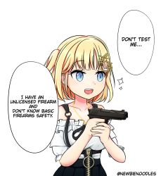 Rule 34 | 1girl, blonde hair, blue eyes, collarbone, english text, finger on trigger, gun, hair ornament, handgun, highres, hololive, hololive english, jewelry, necklace, newbienoodles, open mouth, pistol, shirt, solo, threat, twitter username, virtual youtuber, watson amelia, watson amelia (street casual), weapon, white shirt, zipper