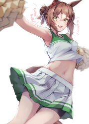 Rule 34 | 1girl, absurdres, animal ears, armpits, bike shorts under skirt, blush, breasts, brown hair, cheerleader, collarbone, fine motion (umamusume), folded ponytail, green eyes, highres, horse ears, horse tail, looking at viewer, medium breasts, medium hair, midriff, open mouth, pandoa (mikage0495), pom pom (cheerleading), simple background, sleeveless, solo, tail, translation request, umamusume, white background
