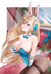 Rule 34 | 1girl, absurdres, animal ears, asuna (blue archive), asuna (bunny) (blue archive), blue archive, blue bow, blue bowtie, blue eyes, blue leotard, blush, border, bottle, bow, bowtie, bra, breasts, brown pantyhose, commentary, couch, covered navel, detached collar, english commentary, fake animal ears, gloves, highleg, highleg leotard, highres, large breasts, leotard, light brown hair, long hair, looking at viewer, mikazeze, mole, mole on breast, official alternate costume, pantyhose, picture frame, playboy bunny, rabbit ears, smile, solo, strapless, strapless leotard, teeth, thighband pantyhose, traditional bowtie, underwear, unworn bra, white border, white gloves