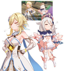 Rule 34 | 2girls, armpits, blonde hair, blush, breasts, closed eyes, commentary, commentary request, eyes visible through hair, flower, genshin impact, hair between eyes, hair flower, hair ornament, hand on own hip, highres, lumine (genshin impact), multiple girls, paimon (genshin impact), pottsness, short hair, symbol-only commentary, white background, white hair