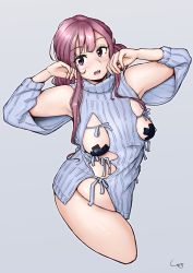 Rule 34 | 1girl, blush, breasts, breasts apart, cropped legs, grey background, highres, long hair, long sleeves, looking at viewer, looking to the side, open mouth, pasties, pink hair, real life, ribbed sweater, shigekikkusu, shiny skin, signature, solo, sweater, tape, tape on nipples, thick arms