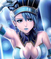 Rule 34 | 10s, 1girl, arm up, armpits, bare shoulders, blue eyes, blue hair, blue lips, blue rose (tiger &amp; bunny), breasts, cleavage, earrings, elbow gloves, eyeshadow, gloves, hat, jewelry, karina lyle, large breasts, lips, lipstick, makeup, matching hair/eyes, rakujin, solo, tiger &amp; bunny