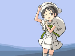 Rule 34 | 1girl, alternate costume, black hair, brown eyes, commentary, cowboy shot, dress, english commentary, fur-trimmed headwear, fur trim, green ribbon, hat, kantai collection, looking at viewer, maru-yu (kancolle), multicolored background, one-hour drawing challenge, parted bangs, ribbon, sack, santa hat, short hair, sixten, smile, solo, standing, thighhighs, white dress, white hat, white thighhighs