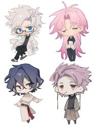 Rule 34 | 4boys, black pants, black shirt, black sweater, black vest, blue eyes, blue hair, brown pants, capelet, chibi, chibi only, chinese commentary, cigarette, closed eyes, closed mouth, coat, collared shirt, commentary request, earrings, glasses, grey coat, grey footwear, hands in pockets, hatsutori hajime, highres, jewelry, kanou aogu, lab coat, long hair, long sleeves, male focus, multiple boys, open clothes, open coat, open mouth, pants, parted bangs, pink hair, purple hair, red eyes, sa you jia, saibou shinkyoku, semi-rimless eyewear, shirt, short hair, simple background, sleeves past fingers, sleeves past wrists, slippers, smile, sweater, theodore riddle, utsugi noriyuki, vest, white background, white capelet, white hair, white shirt
