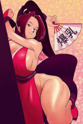 Rule 34 | bow, breast press, breasts, brown eyes, brown hair, dress, fan, fatal fury, flower, hardkoba, high ponytail, highres, huge breasts, japanese clothes, japanese text, king of fighters xiii, leaning on object, looking at viewer, pink background, ponytail, red dress, red footwear, shiny skin, shiranui mai, snk, snk heroines: tag team frenzy, the king of fighters, thick thighs, thighs, translated, wide hips