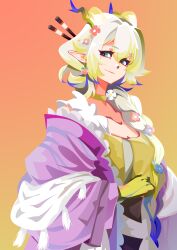 1girl absurdres aqua_eyes arknights blonde_hair choker closed_mouth commentary earrings flower frills fruit_earrings gradient_background hair_between_eyes hair_flower hair_ornament haori highres japanese_clothes jewelry light_smile long_hair long_sleeves looking_at_viewer multicolored_hair official_alternate_costume orange_background pink_haori pointy_ears purple_hair red_flower shawl shirt shu_(arknights) shu_(spring_feast)_(arknights) solo symbol-only_commentary white_hair yellow_background yellow_choker yellow_shirt yiban_luguo_no_xing_yu_ku