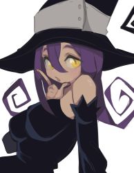Rule 34 | 1girl, blair (soul eater), breasts, fingernails, hand up, hat, highres, large breasts, lemyawn, looking at viewer, open mouth, purple hair, solo, soul eater, white background, witch, witch hat, yellow eyes