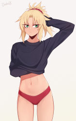 Rule 34 | 1girl, black sweater, closed mouth, cowboy shot, darahan, fate/apocrypha, fate (series), green eyes, hand in own hair, hand under clothes, long sleeves, looking at viewer, mordred (fate), mordred (fate/apocrypha), navel, panties, parted bangs, ponytail, red panties, short hair, short ponytail, sidelocks, simple background, solo, stomach, sweater, underwear, v-shaped eyebrows, white background