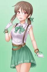 Rule 34 | 1girl, alternate costume, anti (untea9), blush, bracelet, breasts, brown eyes, brown hair, collared shirt, cowboy shot, gloves, gradient background, green background, green ribbon, green skirt, hair between eyes, hair ribbon, highres, jewelry, kantai collection, lips, looking at viewer, low twintails, open mouth, ribbon, shirayuki (kancolle), shirt, short twintails, skirt, small breasts, smile, solo, suspenders, twintails, white gloves, white shirt