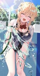 Rule 34 | 1girl, :d, absurdres, alternate costume, black one-piece swimsuit, blonde hair, blue sky, bow, bowtie, breasts, chain-link fence, cleavage, closed eyes, cloud, collared shirt, commentary request, facing viewer, fence, flower, genshin impact, hair between eyes, hair flower, hair ornament, hand on own thigh, highleg, highleg swimsuit, highres, holding, holding hose, hose, large breasts, leaning forward, lumine (genshin impact), one-piece swimsuit, open clothes, open mouth, open shirt, outdoors, poolside, rererere mon, school swimsuit, shirt, short hair with long locks, sky, smile, solo, striped bow, striped bowtie, striped clothes, sunlight, swimsuit, tree, water, wet, wet clothes, wet shirt, wet swimsuit, white shirt