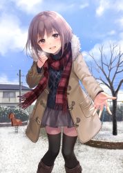 Rule 34 | 1girl, black thighhighs, blue sky, boots, brown eyes, brown hair, cloud, coat, day, fukahire (ruinon), long sleeves, looking at viewer, open clothes, open coat, open mouth, original, outstretched hand, playground, power lines, revision, scarf, skirt, sky, smile, snow, solo, sweater, thighhighs, tree, winter, winter clothes, zettai ryouiki
