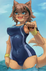 Rule 34 | 1girl, animal ears, armband, blue eyes, blue one-piece swimsuit, blue sky, body fur, breasts, bulge, cloud, cowboy shot, day, dog ears, dog girl, dog tail, furry, furry female, futanari, headband, highres, kobold, monster musume no iru nichijou, nipple slip, nipples, one-piece swimsuit, open mouth, outdoors, polt, seraziel, sky, smile, snout, solo, standing, striped clothes, striped one-piece swimsuit, swimsuit, tagme, tail, wading, water, waves, wet, wet clothes, wristband