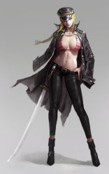 Rule 34 | 1girl, bad id, belt, bikini, bikini top only, black footwear, black pants, blonde hair, blue eyes, boots, braid, breasts, closed mouth, contrapposto, dongho kang, full body, hat, holding, holding sword, holding weapon, huge breasts, jacket, jacket on shoulders, katana, lipstick, long hair, makeup, navel, original, pants, peaked cap, purple lips, realistic, solo, standing, striped bikini, striped bikini top, striped clothes, swimsuit, sword, weapon