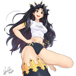 Rule 34 | 1girl, :d, armlet, barefoot, black gloves, black hair, black socks, black ribbon, blush, breasts, buruma, crown, earrings, elbow gloves, fate/grand order, fate (series), fingerless gloves, gloves, gym uniform, hair ribbon, hands on own hips, hori shin, ishtar (fate), jewelry, kneehighs, long hair, looking at viewer, medium breasts, midriff, navel, open mouth, red eyes, ribbon, simple background, sleeves rolled up, smile, socks, solo, teeth, two side up, very long hair, white background