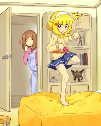 Rule 34 | 2girls, ^^^, age difference, apron, barefoot, belt, blonde hair, blush, book, brown hair, closed eyes, dragon ball, dragon ball (object), genesic gaogaigar, hairband, hrgm, kamen rider, kamen rider fourze, kamen rider fourze (series), kamen rider meteor, kise chiharu, kise yayoi, mother and daughter, multiple girls, necktie, on bed, open mouth, parody, precure, school uniform, shelf, skirt, smile, smile pact, smile precure!, sweater, toy, translation request, walk-in, white hairband, yellow eyes, yuusha ou gaogaigar, yuusha ou gaogaigar final, yuusha series