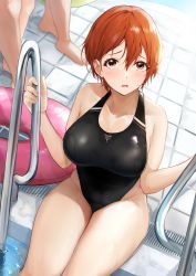 Rule 34 | 1girl, absurdres, akito (d30n26), backlighting, blush, breasts, collarbone, competition swimsuit, from above, groin, hair between eyes, highres, holding, inflatable toy, innertube, large breasts, looking at viewer, looking up, nagi (akito), one-piece swimsuit, open mouth, original, pool, pool ladder, red eyes, red hair, short hair, sitting, soaking feet, solo, swim ring, swimsuit, thighs, wet, wet hair