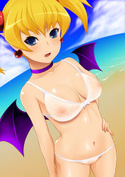 Rule 34 | 1girl, aq interactive, arcana heart, atlus, bat wings, bikini, blonde hair, blue eyes, blush, bra, breasts, choker, cleavage, cloud, day, demon girl, dutch angle, earrings, examu, fang, hand on own hip, hip focus, jewelry, large breasts, lilica felchenerow, lingerie, looking at viewer, navel, nipples, ocean, open mouth, pointy ears, see-through, short hair, short twintails, sky, smile, solo, swimsuit, tomatto (@ma!), twintails, uncensored, underwear, water, wings