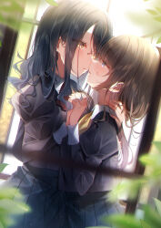 Rule 34 | 2girls, absurdres, black hair, blue eyes, blush, brown hair, eye contact, face-to-face, hand on another&#039;s neck, height difference, highres, holding, holding hands, imminent kiss, interlocked fingers, looking at another, multiple girls, original, touki matsuri, uniform, yellow eyes, yuri