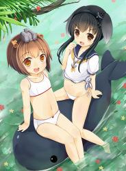 Rule 34 | 10s, 2girls, :d, afloat, animal ears, arm support, bad id, bad pixiv id, barefoot, black hair, blush, bow, bow panties, bra, brown eyes, brown hair, child, fang, flat chest, floating, flower, gradient hair, hair ornament, hairband, highres, inflatable toy, kantai collection, looking at viewer, multicolored hair, multiple girls, navel, no pants, open mouth, panties, partially submerged, sakuraba hikaru (loveindog), shiny skin, shirt, short hair, side-tie panties, sitting, smile, tied shirt, tokitsukaze (kancolle), training bra, underwear, underwear only, wading, water, white bra, white panties, yukikaze (kancolle)