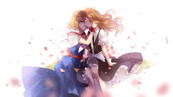 Rule 34 | 2girls, alice margatroid, apron, blonde hair, blue dress, blue eyes, capelet, cui ying, dress, eye contact, forehead-to-forehead, frilled skirt, frills, gradient background, hand on another&#039;s head, heads together, highres, kirisame marisa, knee up, long hair, looking at another, multiple girls, no hairband, no headwear, parted lips, petals, puffy short sleeves, puffy sleeves, sash, short hair, short sleeves, sitting, skirt, skirt hold, skirt set, touhou, waist apron, wind, wrist cuffs, yellow eyes, yuri