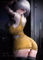 Rule 34 | 1girl, 2021, ai-assisted, alternate costume, arm tattoo, ass, bags under eyes, black panties, blush, breast press, breasts, broom, commentary, cowboy shot, dress, english commentary, flower tattoo, grey hair, hair between eyes, hair ornament, hair over one eye, havoc-chan, highres, large breasts, leg tattoo, lips, looking at viewer, looking back, mixed-language commentary, mole, mole under eye, monochrome background, name tag, naughty face, original, panties, recording, red eyes, shirt, short hair, suou-sensei, tattoo, thighhighs, thighs, underwear, upskirt, wet, wet clothes, wet shirt, white shirt, window, yellow dress