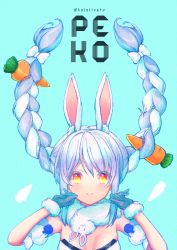 Rule 34 | 1girl, animal ear fluff, animal ears, blue background, blue gloves, blue hair, blush, bow, braid, breasts, carrot hair ornament, closed mouth, detached sleeves, don-chan (usada pekora), food-themed hair ornament, fur-trimmed gloves, fur trim, gloves, hair bow, hair ornament, hands up, hololive, ittokyu, long hair, multicolored hair, open mouth, puffy short sleeves, puffy sleeves, rabbit ears, red eyes, short eyebrows, short sleeves, simple background, small breasts, smile, solo, teeth, thick eyebrows, twin braids, twintails, twitter username, two-tone hair, upper body, upper teeth only, usada pekora, usada pekora (1st costume), very long hair, virtual youtuber, white bow, white hair, white sleeves, yellow eyes