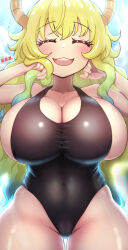 Rule 34 | breasts, bursting breasts, closed eyes, highres, horns, huge breasts, kobayashi-san chi no maidragon, lucoa (maidragon), multicolored hair, one-piece swimsuit, open mouth, reiwa rerere, swimsuit, wide hips