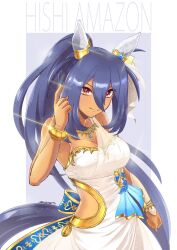 Rule 34 | 1girl, animal ears, as&#039;maria, bangle, bare shoulders, blue hair, blue nails, bracelet, breasts, character name, cleavage, closed mouth, clothing cutout, commentary request, dark-skinned female, dark skin, detached sleeves, dress, ear covers, glint, hair between eyes, highres, hishi amazon (hungry veil) (umamusume), hishi amazon (umamusume), horse ears, horse girl, horse tail, index finger raised, jewelry, long hair, looking at viewer, medium breasts, official alternate costume, official alternate hairstyle, ponytail, red eyes, signature, single detached sleeve, sleeveless, sleeveless dress, solo, tail, umamusume, very long hair