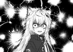 Rule 34 | 1girl, animal ears, arknights, coat, greyscale, highres, lappland (arknights), looking at viewer, monochrome, open mouth, runamonet, screentones, shaded face, solo, sweat, teeth, upper teeth only, worried