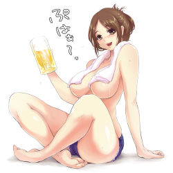 Rule 34 | 1girl, alcohol, bad id, bad pixiv id, bare legs, barefoot, beer, beer mug, blush, breasts, brown eyes, brown hair, cup, full body, holding, indian style, kajo, large breasts, mug, open mouth, original, short hair, short shorts, shorts, simple background, sitting, solo, towel, towel around neck, white background
