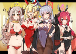 Rule 34 | 4girls, :&gt;, ?, ^ ^, ahoge, akari (blue archive), alternate costume, animal ears, artist name, bare shoulders, bikini, black leotard, blonde hair, blue archive, blush, bracelet, breasts, brown hair, cleavage, closed eyes, closed mouth, corn, covered navel, cowboy shot, detached collar, eating, fake animal ears, food, food on face, garter straps, groin, hairband, halo, hand on own hip, hand up, haruna (blue archive), holding, holding food, horns, index finger raised, izumi (blue archive), jacket, jacket on shoulders, jewelry, junko (blue archive), kyuinfuro, large breasts, leotard, letterboxed, long hair, looking at viewer, medium breasts, mole, mole on leg, multiple girls, navel, neck ribbon, outside border, own hands together, pantyhose, playboy bunny, purple legwear, rabbit ears, red bikini, red eyes, red hair, red leotard, ribbon, small breasts, sparkle, squiggle, swimsuit, thighband pantyhose, thighhighs, wings, wrist cuffs