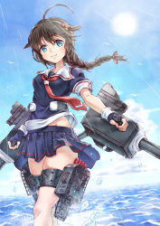 Rule 34 | 1girl, ahoge, bad id, bad pixiv id, bird, black hair, blue eyes, blue sky, braid, breasts, cannon, cloud, commentary request, day, fingerless gloves, gloves, graphite (medium), groin, hair flaps, hair ornament, hair ribbon, hairpin, highres, holding, holding weapon, horizon, kantai collection, long hair, looking at viewer, machinery, medium breasts, necktie, no panties, ocean, outdoors, pleated skirt, rain, red necktie, red ribbon, ribbon, school uniform, serafuku, shigure (kancolle), shigure kai ni (kancolle), sho (sumika), short sleeves, single braid, skirt, sky, smile, solo, sun, traditional media, turret, water, water drop, weapon, wind, wind lift
