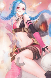 Rule 34 | 1girl, bandaid, belt, black gloves, black nails, blue hair, braid, fingerless gloves, gloves, hairline, jewelry, jinx (league of legends), league of legends, long hair, looking at viewer, midriff, mins (minevi), nail polish, navel, necklace, pink eyes, rocket launcher, shorts, single thighhigh, smile, solo, tattoo, thighhighs, twin braids, weapon