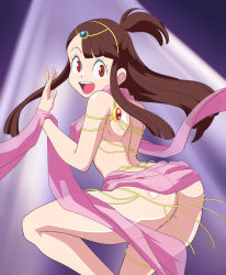 Rule 34 | 1girl, ass, bare shoulders, brown hair, dancer, from behind, hair ornament, kagari atsuko, little witch academia, long hair, looking at viewer, open mouth, pepipopo, purple background, red eyes, shiny skin, short ponytail, sidelocks, smile, solo, teeth, tongue, upper teeth only