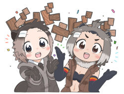 Rule 34 | 2girls, :d, american beaver (kemono friends), animal ear fluff, animal ears, antenna hair, appleq, beaver ears, black gloves, black jacket, black necktie, blush stickers, breasts, brown eyes, brown jacket, cleavage, collared shirt, commentary request, confetti, elbow gloves, eurasian beaver (kemono friends), forehead, gloves, grey hair, hair ornament, hairclip, highres, jacket, kemono friends, looking at viewer, multiple girls, necktie, open mouth, shirt, short eyebrows, short hair, shrugging, simple background, sleeveless, sleeveless jacket, small breasts, smile, thick eyebrows, translation request, v-shaped eyebrows, white background, white shirt