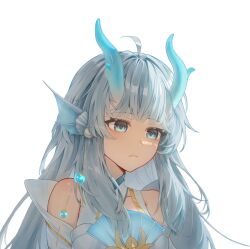 Rule 34 | 1girl, absurdres, ahoge, anyue chao, blue eyes, blue hair, detached sleeves, eastern dragon horns, fins, grey hair, head fins, highres, horns, long hair, solo, upper body, virtual youtuber, wangzhe rongyao, white background, xishi, xishi (youlong qingying)
