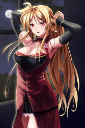 Rule 34 | 1girl, ahoge, alternate costume, black sleeves, blush, breasts, cleavage, commentary, detached sleeves, dress, fate testarossa, full moon, hands in hair, large breasts, long hair, looking at viewer, lyrical nanoha, mahou shoujo lyrical nanoha, moon, night, nose blush, red dress, red eyes, solo, sougetsu izuki, thighs, window