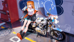 Rule 34 | 1girl, black jacket, black shorts, blue eyes, casual, commentary, day, english text, full body, graffiti, hair intakes, highres, jacket, long hair, looking at viewer, motor vehicle, motorcycle, neon genesis evangelion, orange hair, outdoors, parted lips, reclining, shirt, shirt tucked in, shoes, shorts, sneakers, solo, souryuu asuka langley, sunlight, t-shirt, thighs, two side up, white shirt, ya yan
